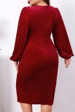 Red Casual Solid Slit Fold V Neck Long Sleeve Plus Size Dresses