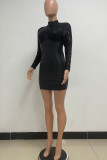 Black Casual Solid Sequins Patchwork O Neck Long Sleeve Dresses