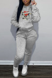 Red Casual Print Basic Hooded Collar Long Sleeve Two Pieces