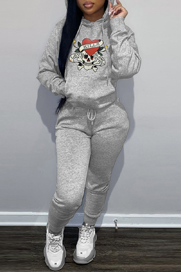 Grey Casual Print Basic Hooded Collar Long Sleeve Two Pieces