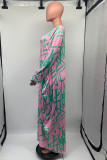 Pink Casual Print Basic O Neck Long Sleeve Dresses