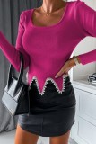 Black Casual Solid Patchwork Pearl O Neck Tops