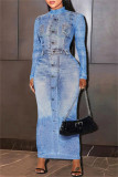 Blue Casual Print Basic Half A Turtleneck Long Sleeve Dresses