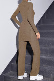 Light Brown Casual Solid Buttons Slit Turndown Collar Long Sleeve Two Pieces