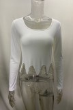White Casual Solid Patchwork Pearl O Neck Tops
