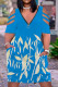 Blue Casual Print Hollowed Out Patchwork Zipper V Neck Short Sleeve Dress