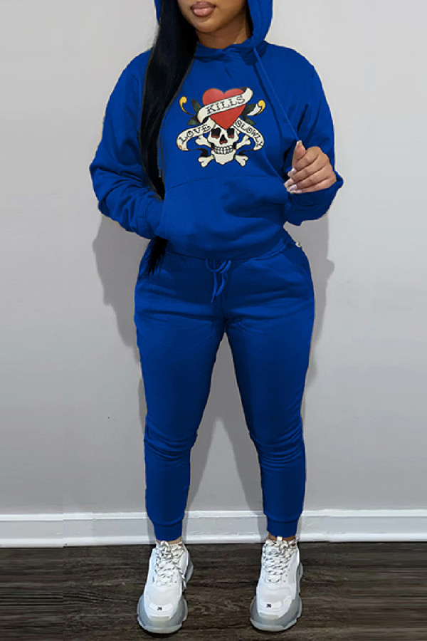 Blue Casual Print Basic Hooded Collar Long Sleeve Two Pieces