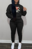 Red Casual Print Basic Hooded Collar Long Sleeve Two Pieces