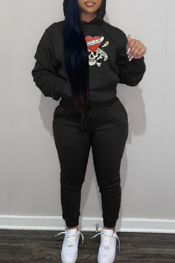 Black Casual Print Basic Hooded Collar Long Sleeve Two Pieces