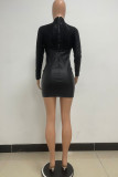 Black Casual Solid Sequins Patchwork O Neck Long Sleeve Dresses