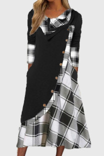 Black Gray Casual Plaid Print Patchwork O Neck Long Sleeve Dresses