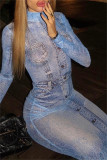 Blue Casual Print Basic Half A Turtleneck Long Sleeve Dresses