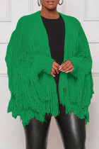 Green Casual Solid Tassel Cardigan Outerwear
