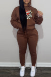 Red Casual Print Basic Hooded Collar Long Sleeve Two Pieces