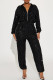 Black Casual Patchwork Sequins Zipper Collar Regular Jumpsuits