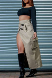 Khaki Casual Solid Patchwork Slit Regular High Waist Conventional Solid Color Skirts