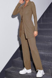 Light Brown Casual Solid Buttons Slit Turndown Collar Long Sleeve Two Pieces