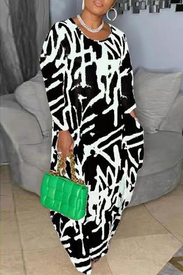 Black Casual Print Basic O Neck Long Sleeve Dresses