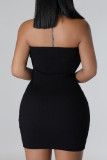 Black Sexy Solid Hollowed Out Backless Strapless Wrapped Skirt Dresses