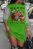Green Red Casual Print Basic O Neck Long Sleeve Dresses
