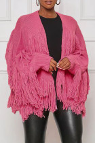 Pink Casual Solid Tassel Cardigan Outerwear