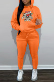 Red Casual Print Basic Hooded Collar Long Sleeve Two Pieces