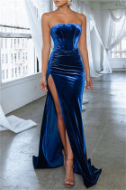 Blue Sexy Casual Solid Backless Slit Strapless Evening Dress Dresses