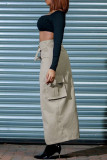 Khaki Casual Solid Patchwork Slit Regular High Waist Conventional Solid Color Skirts