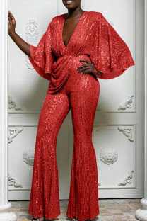 Red Sexy Solid Sequins Patchwork Fold V Neck Loose Jumpsuits