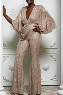 Champagne Sexy Solid Sequins Patchwork Fold V Neck Loose Jumpsuits