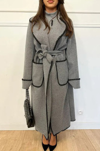 Grey Casual Solid Patchwork With Belt Turndown Collar Outerwear