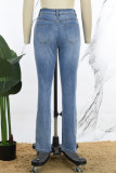 Blue Street Solid Ripped Patchwork Buttons Slit Zipper Mid Waist Boot Cut Denim Jeans