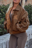 Brown Street Embroidery Patchwork Pocket Buckle Turndown Collar Outerwear