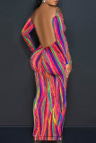 Colour Sexy Casual Print Backless Off the Shoulder Long Sleeve Dresses
