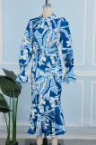 Peacock Blue Elegant Print Patchwork Zipper O Neck Printed Dress Dresses