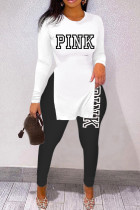 White Casual Letter Print Slit O Neck Long Sleeve Two Pieces