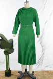 Green Elegant Solid Patchwork With Belt Pleated O Neck A Line Dresses