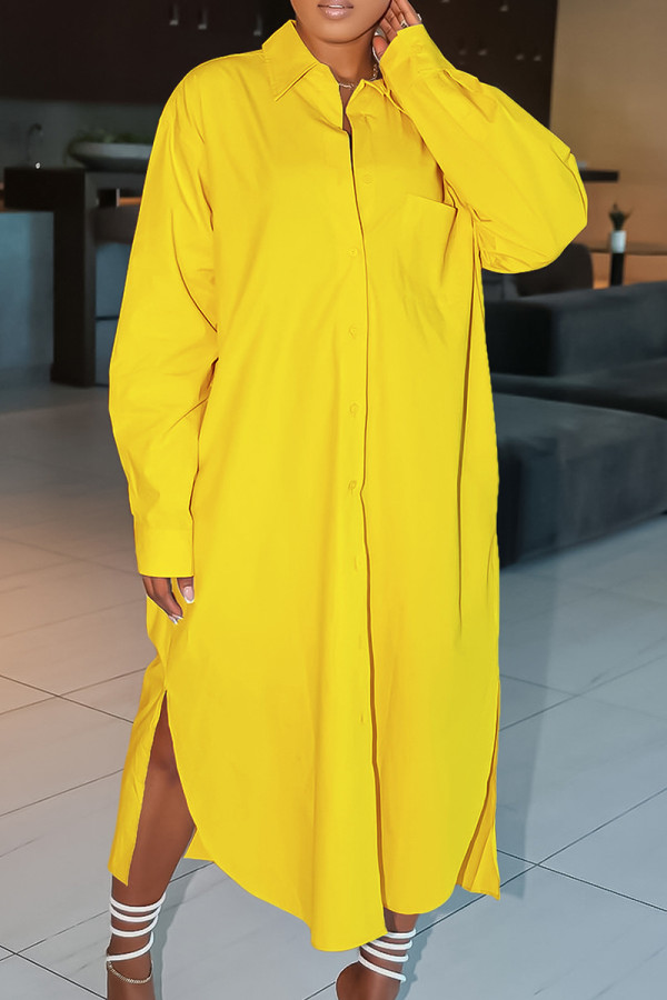 Yellow Elegant Solid Patchwork Buckle Slit Shirt Collar Straight Dresses