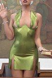 Green Sexy Solid Slit Halter Wrapped Skirt Dresses