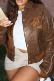 Brown Street Embroidery Patchwork Pocket Buckle Turndown Collar Outerwear