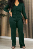 Ink Green Casual Solid Basic V Neck Long Sleeve Two Pieces