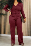 Dark Red Casual Solid Basic V Neck Long Sleeve Two Pieces