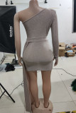 Apricot Sexy Solid Patchwork Asymmetrical Oblique Collar Pencil Skirt Dresses
