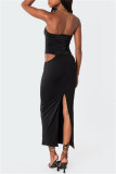 Black Sexy Casual Solid Hollowed Out Backless Strapless Long Dress Dresses