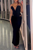 Black Sexy Casual Solid Hollowed Out Backless Strapless Long Dress Dresses