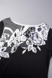 Black Elegant Print Patchwork Slit O Neck Irregular Dress Dresses