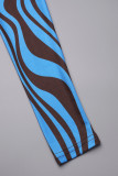 Blue Celebrities Striped Patchwork Zipper O Neck Printed Dress Dresses