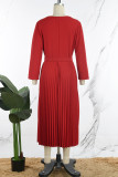 Red Elegant Solid Patchwork With Belt Pleated O Neck A Line Dresses
