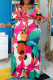 Rose Red Casual Print Frenulum V Neck Long Dress Plus Size Dresses
