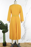 Yellow Elegant Solid Patchwork With Belt Pleated O Neck A Line Dresses